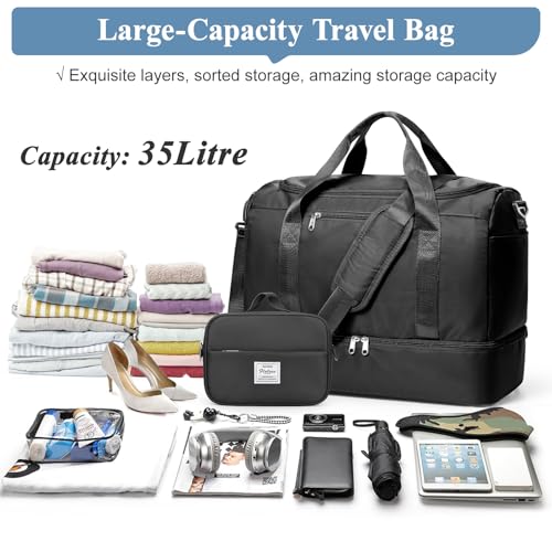 Travel Duffel Bag, Carry-On Overnight Weekender Bags with Shoes Compartment - color: Black 3Pcs Set, size: Small