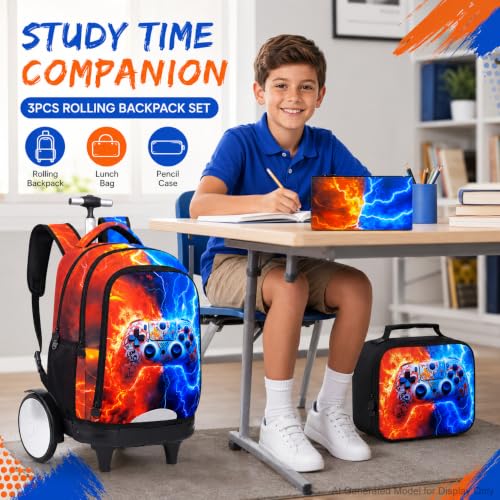 gxtvo Large Wheels & Quiet Glide | Rolling Backpack for Kids - Water-Resistant Wheeled Bag with Lunch Box for School, Travel & Outings - Fire & Lightning Gaming - color: Rolling Backpack Fire Lightning Gaming