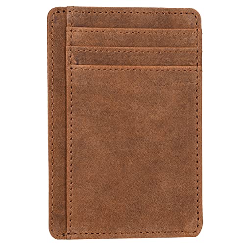 Compact Slim Leather Wallet for Men and Women - RFID Blocking Card Holder - color: Dark Cognac