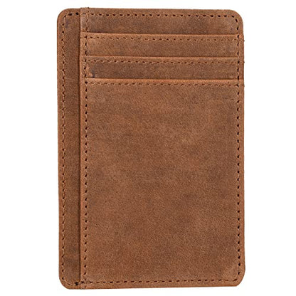 Compact Slim Leather Wallet for Men and Women - RFID Blocking Card Holder - color: Dark Cognac