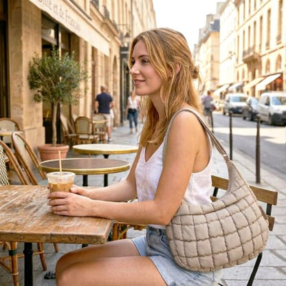 Puffer Crossbody Hobo Bag for Women Nylon Quilted Purse Lightweight Shoulder Handbag with Adjustable Strap - color: 01-gray Brown