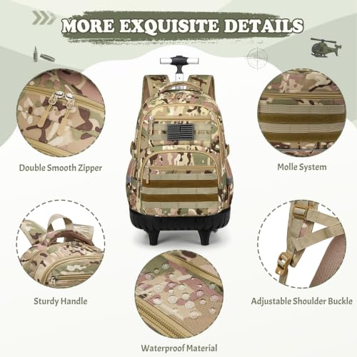 Boys Camo Rolling Backpack with Lunch Box Pencil Case | Kids Tactical Military Army Roller Backpack With Wheels Kindergarten Elementary School Bookbag Travel Camping, Khaki Camo - color: Khaki Camo