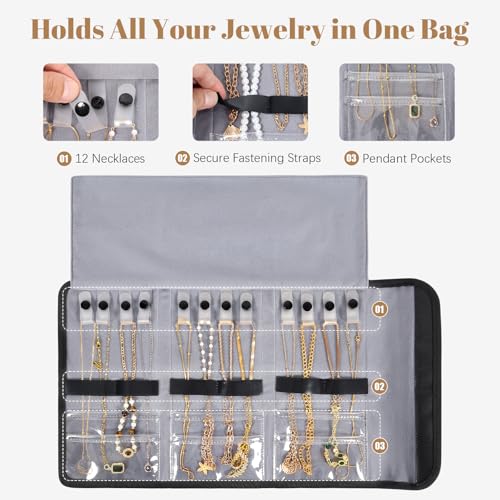 Travel Jewelry Organizer Case, Anti-Tangle Necklace Roll Bag with 12 Hooks & Clear Pockets, Foldable Chains Bracelets Storage for Women, Portable Lightweight Jewelry Holder