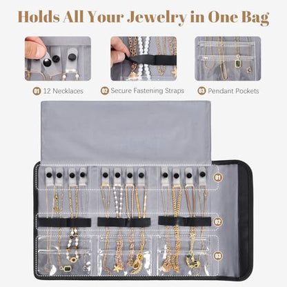 Travel Jewelry Organizer Case, Anti-Tangle Necklace Roll Bag with 12 Hooks & Clear Pockets, Foldable Chains Bracelets Storage for Women, Portable Lightweight Jewelry Holder