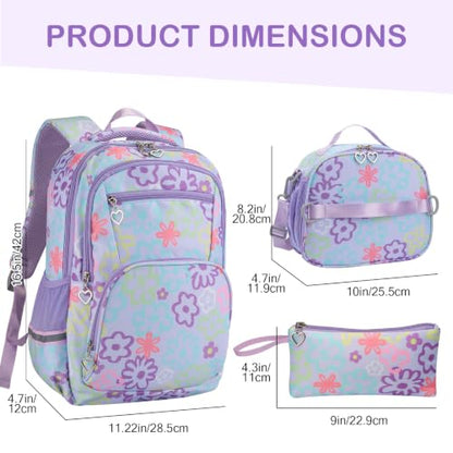 Rexmore Girls 3Pcs Backpack Set with Lunch Box & Pencil Case, Purple - color: Purple