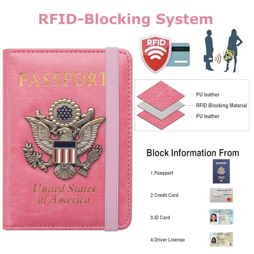 Premium Passport Holder for Travel RFID Blocking Passport Cover Slim - color: Pink
