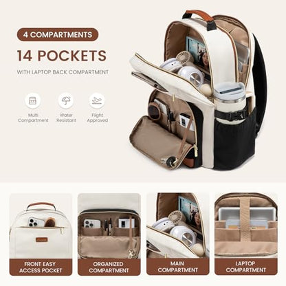 LOVEVOOK Laptop Backpack for Women with Pouch Pocket for Large Capacity Cup,15.6 Inch Teacher Nurse College Work Travel Backpack Purse,Waterproof Laptop Computer Bags,Beige-Black-Brown+Diamond-shaped - color: Beige - Black - Chestnut Brown + Diamond-shape