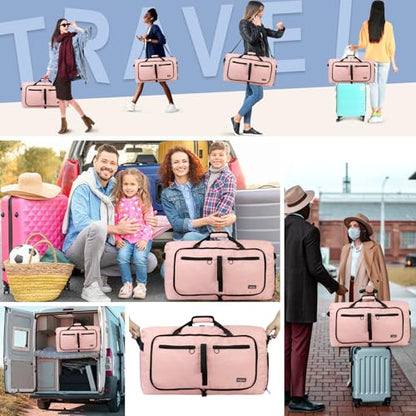 Fmeida 65L Duffle Bag Foldable Travel Duffel Bags for Men Women Travel Bag - color: Glossy Light Pink