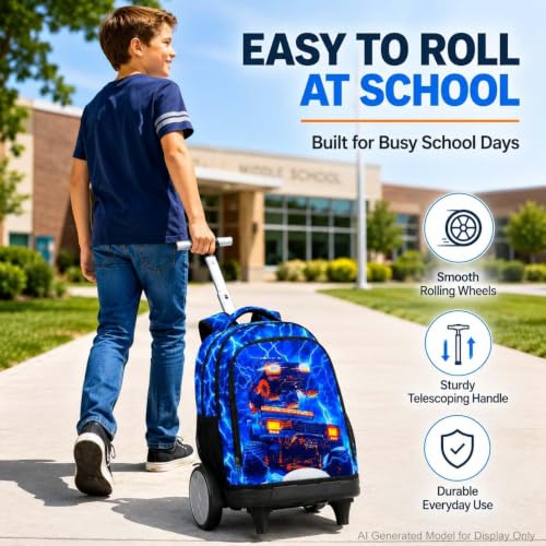 3Pcs Large Rolling Backpack for Boys, 20 Inch Detachable Wheeled Bookbag with Lunch Box, Durable Lightning Truck Roller Backpack for Elementary Middle School (Blue) - color: Large Wheels Truck Blue