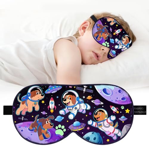 Kids Silk Sleep Mask, 100% Mulberry Silk Eye Mask with Adjustable Strap - color: Space Dog Style