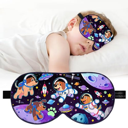 Kids Silk Sleep Mask, 100% Mulberry Silk Eye Mask with Adjustable Strap - color: Space Dog Style