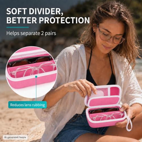 GWCASE Portable 2 in 1 Contact Lens Case and Glasses Case for 2 Pairs - color: Pink and White Zipper