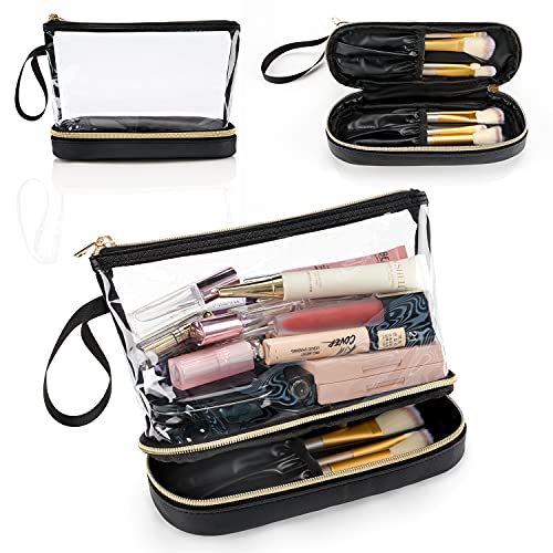 Clear Makeup Bag with Brushes Compartment Travel TSA Approved Toiletry Bag - color: 01-leather black clear