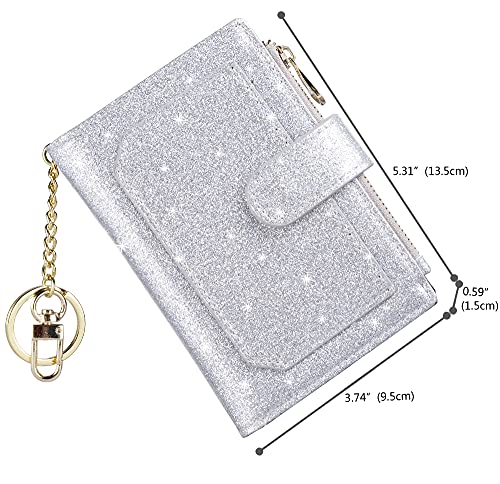 Womens Wallets RFID Small Compact Bifold Leather Card Holder Zip Pocket - color: Glitter Silver