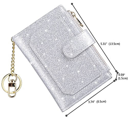 Womens Wallets RFID Small Compact Bifold Leather Card Holder Zip Pocket - color: Glitter Silver