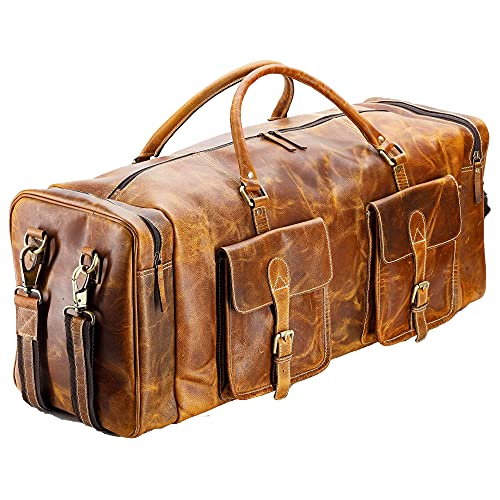 KomalC 28 Inch Leather Travel Duffle Bag, Gym Sports Cabin Holdall - color: Distressed Tan, size: 28 Inches