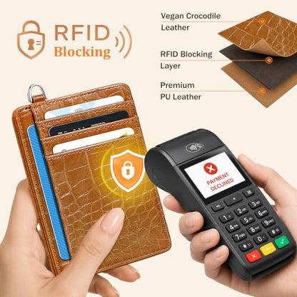 Coco Rossi Crocodile Wallet Women Slim Credit Card Holder with Keychain - color: A Brown Croc