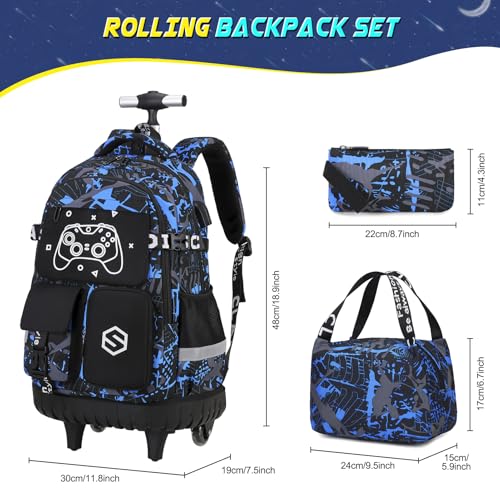 Scothen Cool Luminous Rolling Backpack for Boys with Lunch Bag Pencil Pouch - color: Blue