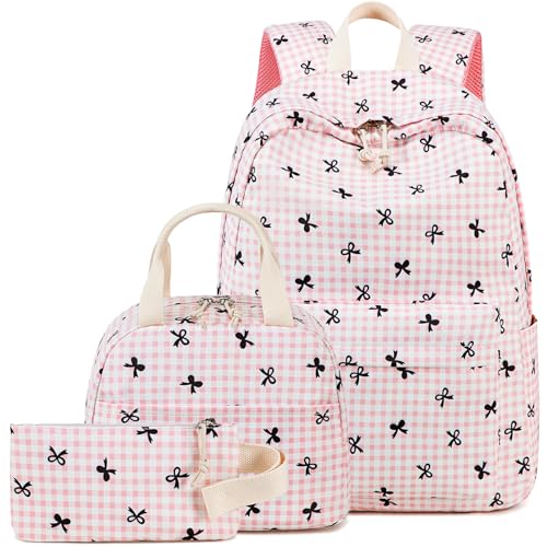 LEDAOU Backpack for Girls School Bag Kids Bookbag Teen Backpack Set Daypack with Lunch Bag and Pencil Case - color: B -Pink Checkered Bowtie -6