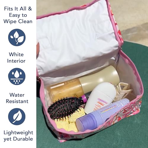 Jacaranda Living Vanity Cosmetic Bag – Train Case with Handle, Water-Resistant PVC Lined Cotton, Travel Organizer, Splash-Proof Summer Cosmetic Bag – Blue Seashells - color: Blue Seashells, size: Large Vanity/Train Case