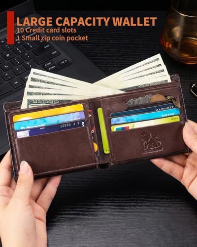 Men's Cowhide Leather RFID Wallet, Slim Bifold (Dark brown) - color: Dark brown