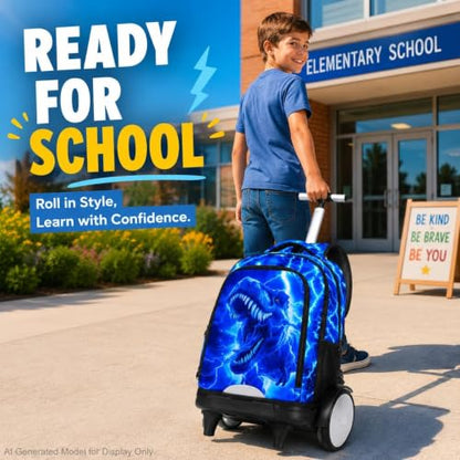 3Pcs Large Rolling Backpack for Boys, 20 Inch Detachable Wheeled Bookbag with Lunch Box, Durable Lightning Dinosaur Roller Backpack for Elementary Middle School (Blue) - color: Large Wheels Dinosaur Blue