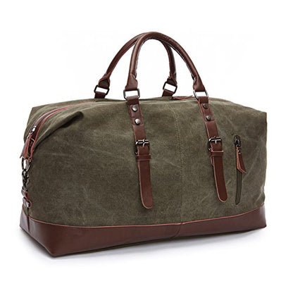 Army Green Weekender Overnight Bag Canvas Genuine Leather Travel Duffel Tote - color: Army Green