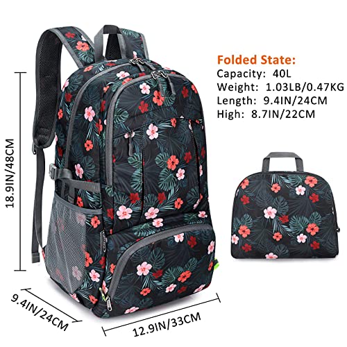 G4Free 40L Lightweight Packable Hiking Backpack, Waterproof Travel Daypack - color: Flower Black