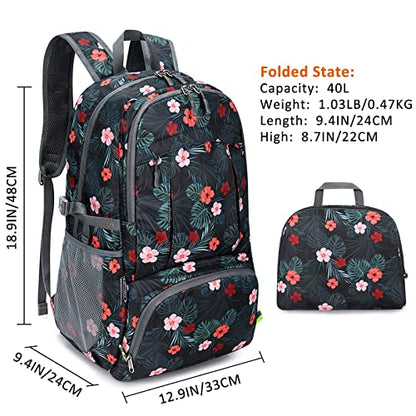 G4Free 40L Lightweight Packable Hiking Backpack, Waterproof Travel Daypack - color: Flower Black