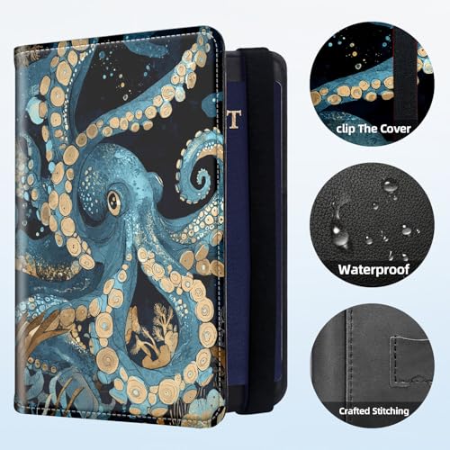 RFID Security Premium Passport and Travel Document Holder Combo, Slim PU Leather Folio Wallet with 3 Card Slots & Boarding Pass Pocket, Secure Elastic Closure Organizer, Blue Octopus - color: Blue Octopus