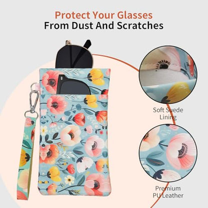 Double Eyeglass Case Soft Dual Glasses Case for Women Men Travel Squeeze Top Sunglasses Cases Eyeglasses Pouch - color: Blue+pink Flower
