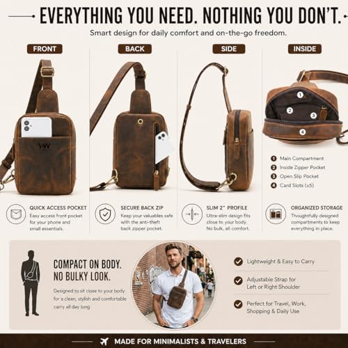 Handmade World Leather Sling Bag for Men – Anti-Theft Travel Crossbody, Compact EDC Chest Bag, Fits Passport & Phone, Full Grain Leather