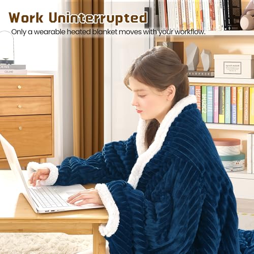 Wearable Heated Blanket with Sleeves& Foot Pocket Electric Robe, Navy - color: Navy Blue