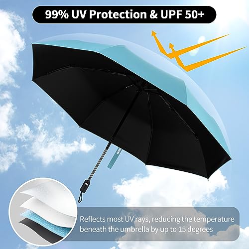 Yoobure Windproof Automatic Travel Umbrella, Compact Folding UV Sun & Rain | One-touch auto open close, windproof frame withstands storms, UV protection fabric, lightweight for backpack car daily use - color: Auto-Sky Blue