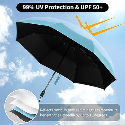 Yoobure Windproof Automatic Travel Umbrella, Compact Folding UV Sun & Rain | One-touch auto open close, windproof frame withstands storms, UV protection fabric, lightweight for backpack car daily use - color: Auto-Sky Blue