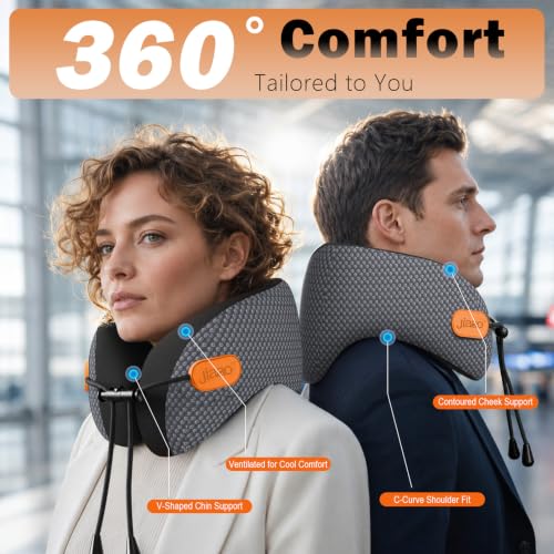 jiaao Travel Pillow,Airplane Neck Pillow with 360° Neck and Chin Support - color: Black & Gray(drawstring)