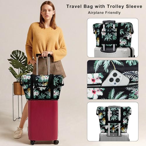 Expandable Duffel Bag for Women with Trolley Sleeve/Wet Pocket Weekender Travel Tote Large Carry On Overnight Luggage - color: Palm Tree