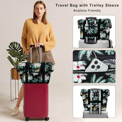 Expandable Duffel Bag for Women with Trolley Sleeve/Wet Pocket Weekender Travel Tote Large Carry On Overnight Luggage - color: Palm Tree