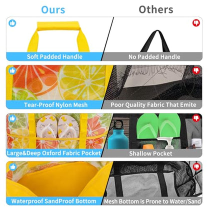 KABAQOO Mesh Beach Bag, Extra Large Beach Bags with 9 Pockets & Zipper Waterproof Lightweight Beach Tote for Beach/Pool Trip - color: Lemon, size: X-Large
