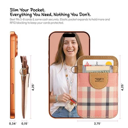 POCKT Elastic Card Holder Wallet for Women and Men, Genuine Leather Slim RFID Blocking Front Pocket Credit Card Holder, Cute Small Minimalist Wallet | Pink Plaid - color: Pink Plaid