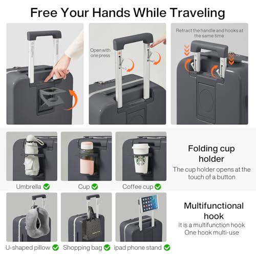 mixi Large Checked Luggage with Cup Phone Holder and Charger Hard Shell Suitcases with Spinner Wheels, 26 Inch Rock Gray - color: Rock gray, size: 26-inch