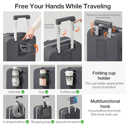 mixi Large Checked Luggage with Cup Phone Holder and Charger Hard Shell Suitcases with Spinner Wheels, 26 Inch Rock Gray - color: Rock gray, size: 26-inch