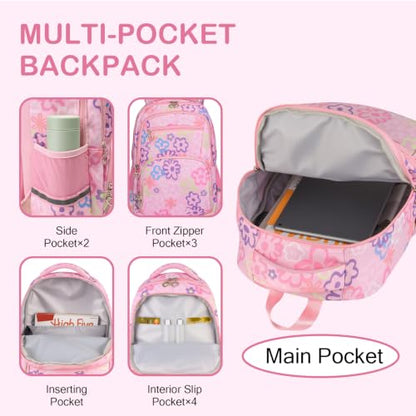 Rexmore Girls 3Pcs Backpack Set with Lunch Box & Pencil Case, Pink - color: Pink