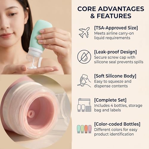 4 Pack 1oz/30ml Travel Bottles for Toiletries, Leak Proof Refillable Silicone Squeezable Travel Accessories with EVA Bag & Labels for Shampoo Conditioner Lotion Liquids & To Go Use - color: D