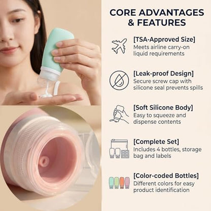 4 Pack 1oz/30ml Travel Bottles for Toiletries, Leak Proof Refillable Silicone Squeezable Travel Accessories with EVA Bag & Labels for Shampoo Conditioner Lotion Liquids & To Go Use - color: D