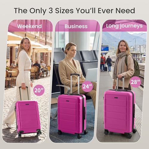 SHOWKOO G-Series Luggage set 3pcs, 100% PC Durable Hardshell Suitcase - color: Megenta, size: 3-Piece Set (20/24/28in)