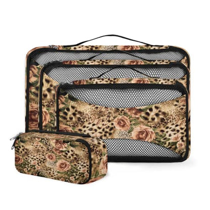 Animal Tiger Leopard Print Rose Flower Packing Cubes 4 Pack Travel Packing Bags Individual Carry on Suitcases Underwear Luggage Mesh Organizer Packing Cubes Set for Travel Bag Backpack - color: Leopard Print