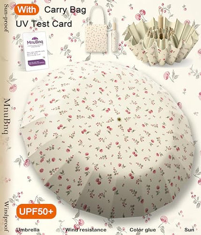 Sun Umbrella UV Protection Cute Windproof Walking Parasol for Women - color: Beige-Outer-Cherry