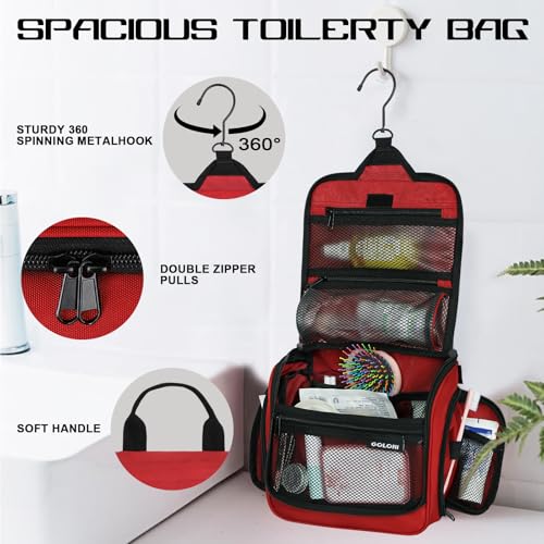 Goloni Hanging Toiletry Bag for Men Women, Water-Resistant Organizer,Pink - color: Red