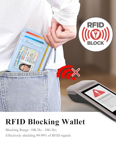 Teskyer 여성용 슬림 RFID 지갑, 지퍼 포켓이 있는 소형 카드 홀더, Cyan, 미니멀리스트 - color: Cyan
